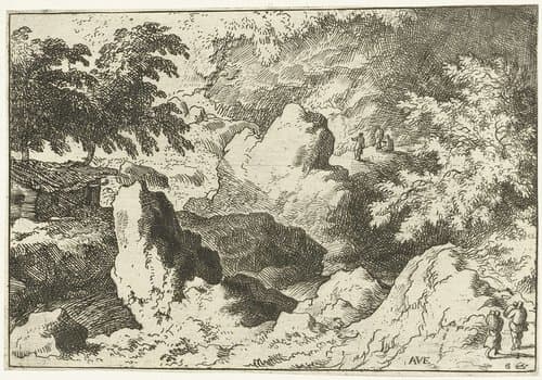 Landschap met drie mannen op een rots by Allaert van Everdingen
