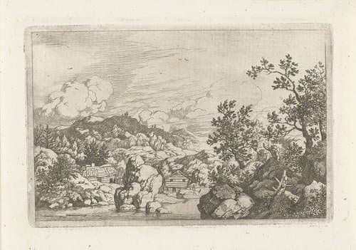 Landschap met rots in een rivier by Allaert van Everdingen