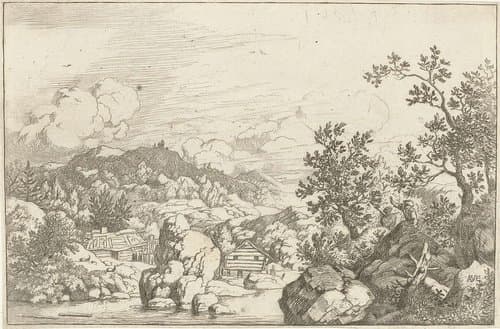 Landschap met rots in een rivier by Allaert van Everdingen