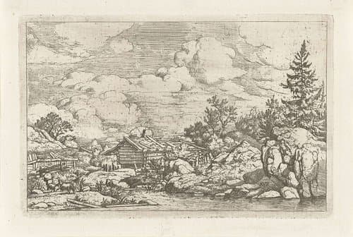 Landschap met drie geiten aan het water by Allaert van Everdingen