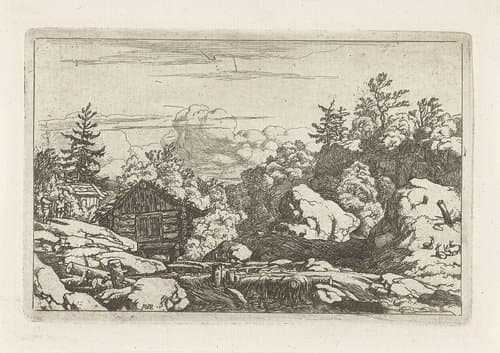 Landschap met hut bij waterval by Allaert van Everdingen