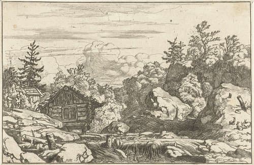 Landschap met hut bij waterval by Allaert van Everdingen