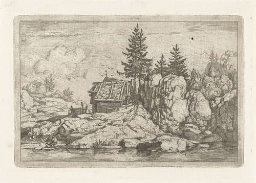 Landschap met vier sparren bij hut by Allaert van Everdingen