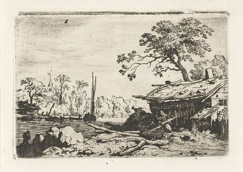 Landschap met vervallen hut aan het water by Allaert van Everdingen