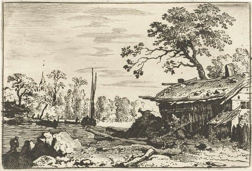 Landschap met vervallen hut aan het water by Allaert van Everdingen