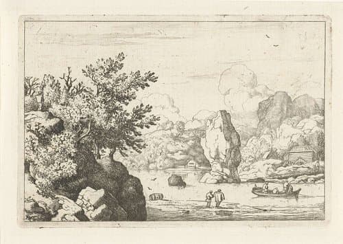 Landschap met twee personen op het strand by Allaert van Everdingen