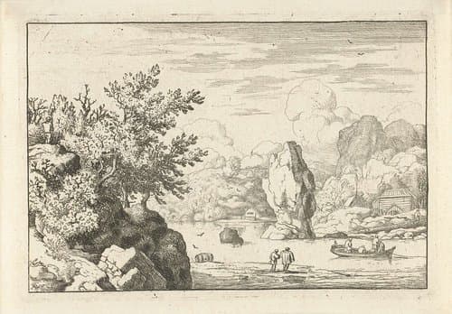 Landschap met twee personen op het strand by Allaert van Everdingen