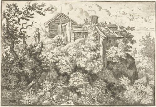 Drie huisjes op een rots by Allaert van Everdingen