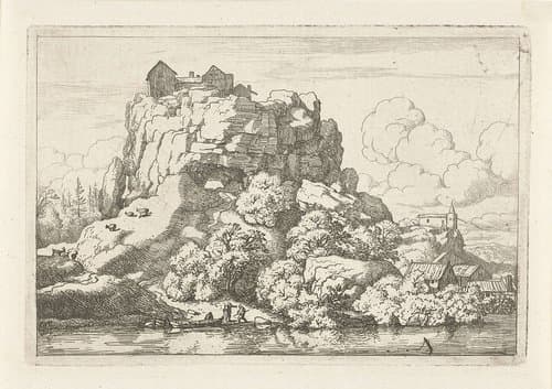 Landschap met rivier aan de voet van een hoge rots by Allaert van Everdingen