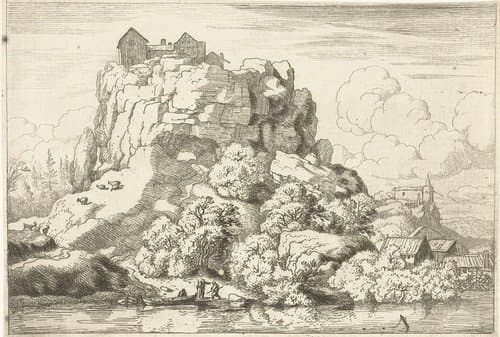 Landschap met rivier aan de voet van een hoge rots by Allaert van Everdingen