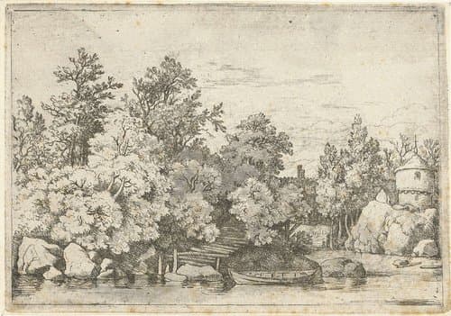 Landschap met overdekte brug by Allaert van Everdingen