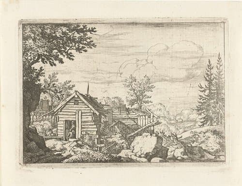 Landschap met twee mannen in de deuropening van een houten hut by Allaert van Everdingen