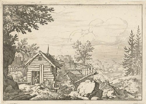 Landschap met twee mannen in de deuropening van een houten hut by Allaert van Everdingen