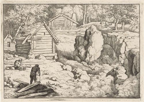 Landschap met drie houten huisjes by Allaert van Everdingen