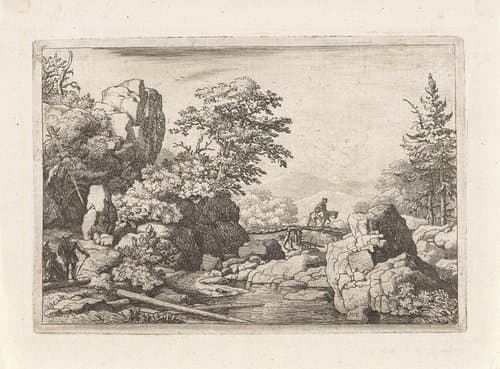 Landschap met ruiter op brug by Allaert van Everdingen
