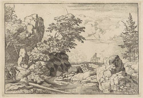 Landschap met ruiter op brug by Allaert van Everdingen