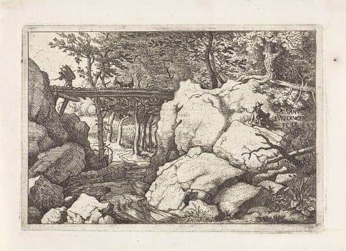 Landschap met geit op brug by Allaert van Everdingen