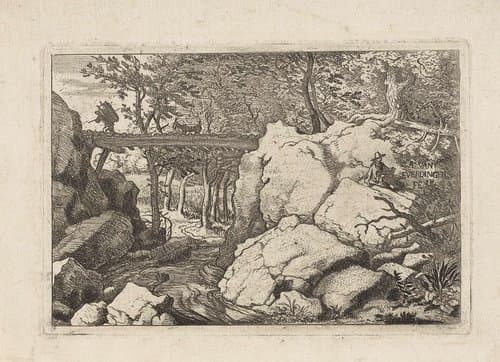 Landschap met geit op brug by Allaert van Everdingen