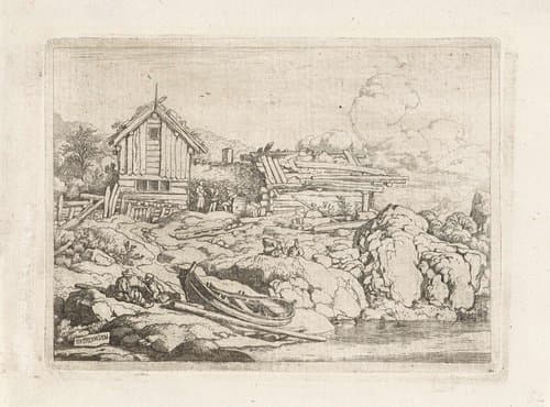 Roeiboot op de oever van een rivier by Allaert van Everdingen