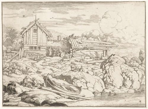 Roeiboot op de oever van een rivier by Allaert van Everdingen