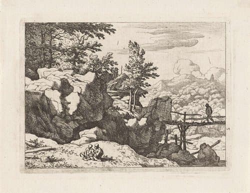 Landschap met man op brug by Allaert van Everdingen