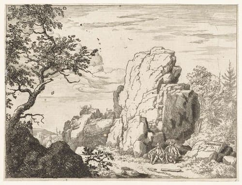 Landschap met twee heren zittend aan de voet van een rots by Allaert van Everdingen