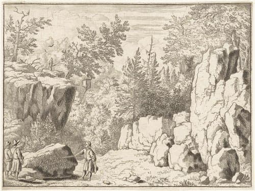 Landschap met man met aanwijsstok by Allaert van Everdingen