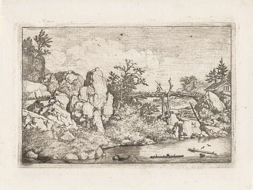 Landschap met twee boomstammen in het water by Allaert van Everdingen