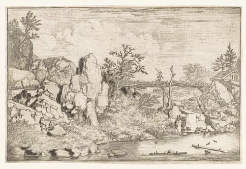 Landschap met twee boomstammen in het water by Allaert van Everdingen