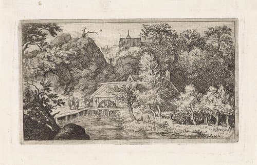 Watermolen aan de voet van een berg by Allaert van Everdingen