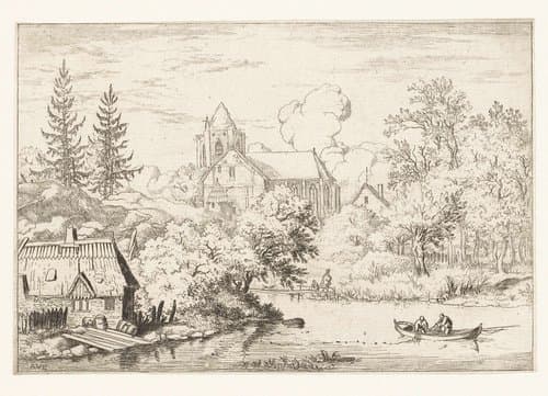Vaten en planken aan de oever van de rivier by Allaert van Everdingen
