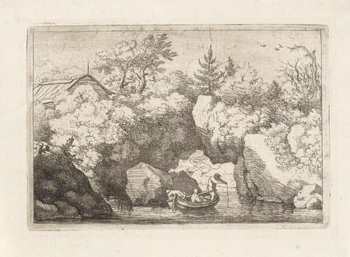 Roeiboot bij de doorgang in de rots by Allaert van Everdingen