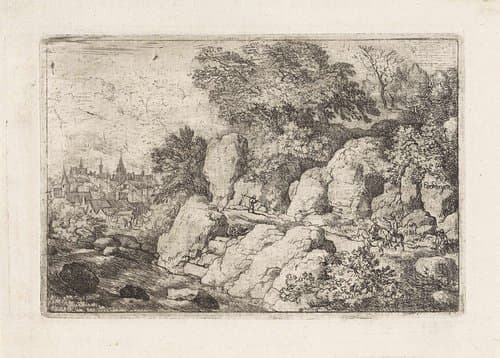 Landschap met twee ruiters op een rotspad by Allaert van Everdingen