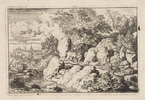 Landschap met twee ruiters op een rotspad by Allaert van Everdingen