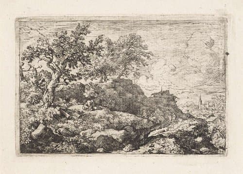 Landschap met zittend persoon op berg by Allaert van Everdingen