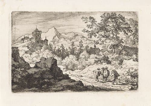 Berglandschap met drie wandelaars en een kruier by Allaert van Everdingen