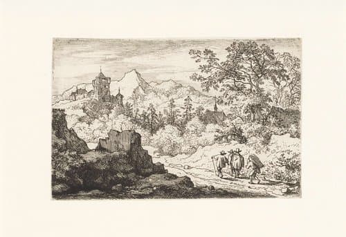 Berglandschap met drie wandelaars en een kruier by Allaert van Everdingen