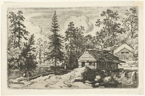 Landschap met drie personen kijkend naar een roeiboot by Allaert van Everdingen