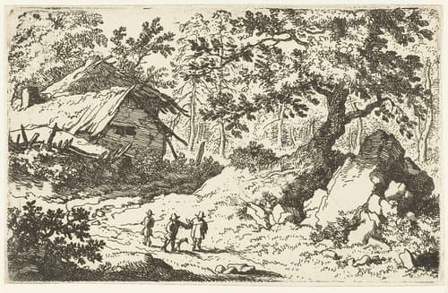 Drie wandelaars bij een vervallen huis by Allaert van Everdingen