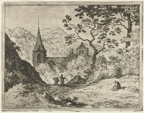 Landschap met kerk in vallei by Allaert van Everdingen