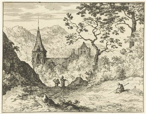 Landschap met kerk in vallei by Allaert van Everdingen