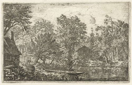 Dorpsgezicht met roeiboot by Allaert van Everdingen