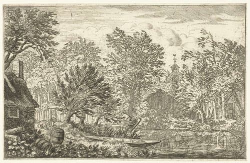 Dorpsgezicht met roeiboot by Allaert van Everdingen