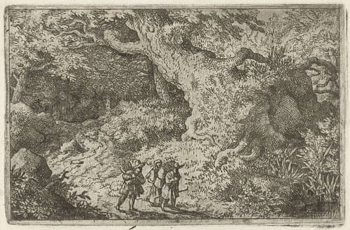Drie reizigers in een bos by Allaert van Everdingen