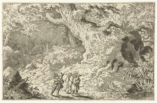 Drie reizigers in een bos by Allaert van Everdingen