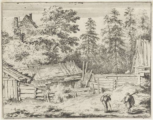 Twee reizigers voor vervallen houten huizen by Allaert van Everdingen