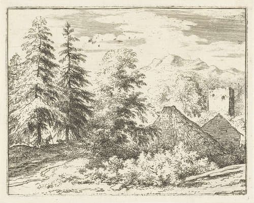 Landschap met man tussen twee sparren by Allaert van Everdingen