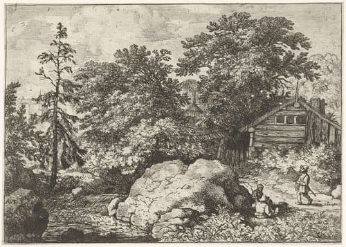 Landschap met drie personen bij een rots by Allaert van Everdingen