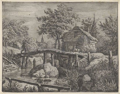 Man op houten brug by Allaert van Everdingen