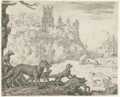 Reinaert de vos en Grimbeert de das op weg naar het gerecht by Allaert van Everdingen